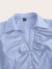 Sweetra V Neck Ruched Keyhole Front Fitted Short Sleeve Shirt, Fashionable And Versatile For Office,Short Sleeve Tops Blue and White