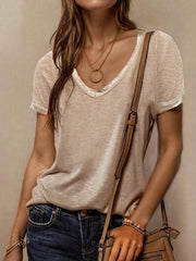 EMERY ROSE Women V-Neck Short-Sleeved T-Shirt With Splicing Design Khaki