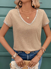 EMERY ROSE Women V-Neck Short-Sleeved T-Shirt With Splicing Design Khaki