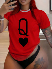 INAWLY Women's Casual T-Shirt With Poker Card Queen Pattern, Spring & Summer For New Year Clothes Graphic Tees Women Tops Red