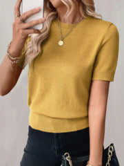 SHEIN Franclia Women's Solid Color Simple Daily Round Neck Short Sleeve Knit Top Mustard Yellow