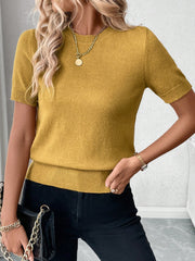 SHEIN Franclia Women's Solid Color Simple Daily Round Neck Short Sleeve Knit Top Mustard Yellow