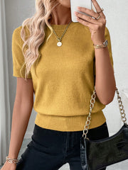 SHEIN Franclia Women's Solid Color Simple Daily Round Neck Short Sleeve Knit Top Mustard Yellow