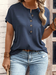 SHEIN LUNE Plus Size Casual Short Sleeve Loose Round Neck Button T-Shirt, Summer Navy Blue