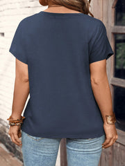 SHEIN LUNE Plus Size Casual Short Sleeve Loose Round Neck Button T-Shirt, Summer Navy Blue