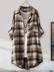 Women's Casual Long Sleeved Checkered Shirt, Autumn Yellow