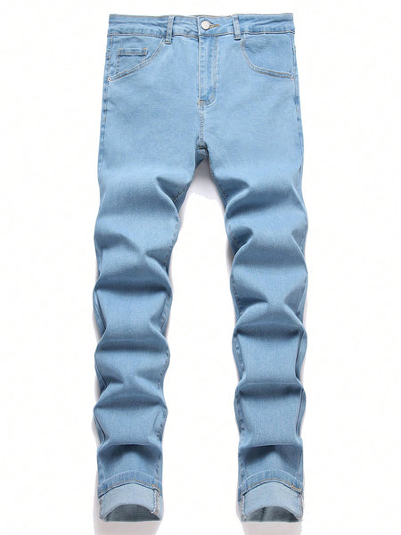 Manfinity Homme Men's Simple Front Button Multi-Pocket Casual Denim Jeans Light Wash