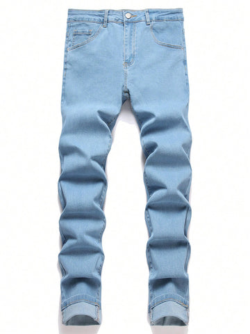 Manfinity Homme Men's Simple Front Button Multi-Pocket Casual Denim Jeans Light Wash