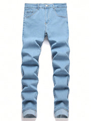 Manfinity Homme Men's Simple Front Button Multi-Pocket Casual Denim Jeans Light Wash