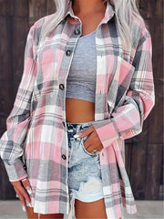 Plaid Button-Down Long Sleeve Casual Shirt With Pockets,Long Sleeve Tops Pink