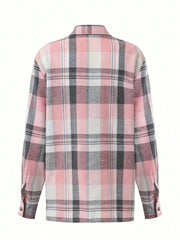 Plaid Button-Down Long Sleeve Casual Shirt With Pockets,Long Sleeve Tops Pink
