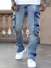Men's Casual Multi-Pocket Denim Pants, Fashionable And Simple Daily Wear Light Wash