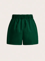 SHEIN VaVaLuxe Women Plain Pleated Pockets Straight Leg Shorts Dark Green