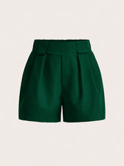 SHEIN VaVaLuxe Women Plain Pleated Pockets Straight Leg Shorts Dark Green