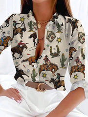 New Casual Floral Print Button-Up Shirt For Women Color