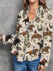 New Casual Floral Print Button-Up Shirt For Women Color