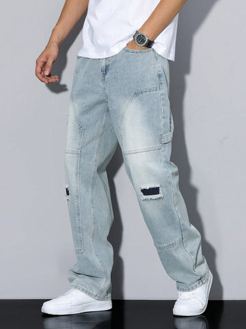Manfinity RivetRise Men's Simple Ripped Pocket Jeans, Casual Daily Wear Light Wash