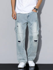 Manfinity RivetRise Men's Simple Ripped Pocket Jeans, Casual Daily Wear Light Wash