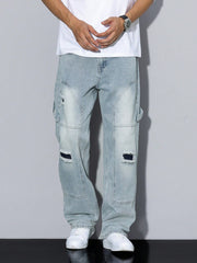 Manfinity RivetRise Men's Simple Ripped Pocket Jeans, Casual Daily Wear Light Wash