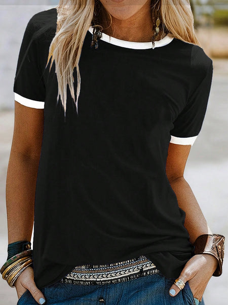 SHEIN LUNE Women's Summer Color-Blocked Round Neck Short Sleeve Casual T-Shirt Graphic Tees Women Tops Black