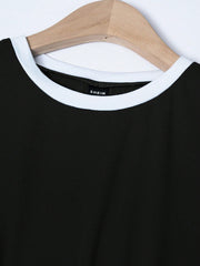 SHEIN LUNE Women's Summer Color-Blocked Round Neck Short Sleeve Casual T-Shirt Graphic Tees Women Tops Black
