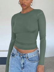 Elegant & Versatile Women Plain Crew Neck Long Sleeve Ruched Fitted Slim Fit T-Shirt,Suitable For Summer And Autumn/Winter Seasons Olive Green