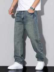 Manfinity Homme Men's Straight Loose Casual Versatile Jeans With Pockets Blue