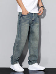 Manfinity Homme Men's Straight Loose Casual Versatile Jeans With Pockets Blue
