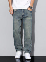 Manfinity Homme Men's Straight Loose Casual Versatile Jeans With Pockets Blue