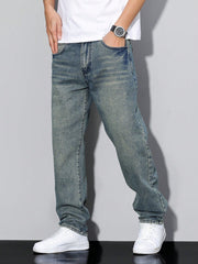 Manfinity Homme Men's Straight Loose Casual Versatile Jeans With Pockets Blue