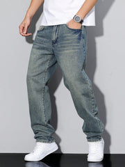 Manfinity Homme Men's Straight Loose Casual Versatile Jeans With Pockets Blue