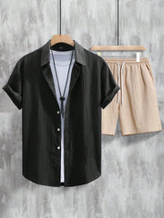 Manfinity RSRT Men's Solid Color Short Sleeve Button-Down Shirt And Drawstring Waist Shorts Set, Casual Outfit Multicolor