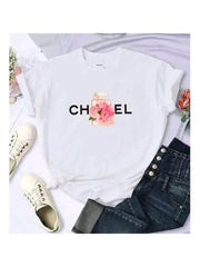 Women's Summer Cotton T-Shirt Alphabet Flower Perfume Shirt Fashion Printed Pattern T-Shirt Brand High Quality Short Sleeve Top White