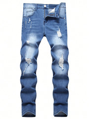 Men's Fashionable Casual Distressed Washed Skinny Fit Jeans Blue