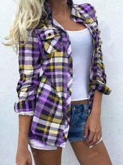 Long Sleeve Plaid Print Lapel Front Button Pocket Shirt Mauve Purple