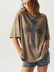 Bohemela Classic Solid Knit Round Neck Loose Wash Women Short Sleeve T-Shirt Army Green