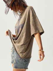 Bohemela Classic Solid Knit Round Neck Loose Wash Women Short Sleeve T-Shirt Army Green