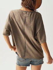 Bohemela Classic Solid Knit Round Neck Loose Wash Women Short Sleeve T-Shirt Army Green