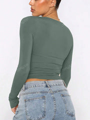 Elegant & Versatile Women Plain Crew Neck Long Sleeve Ruched Fitted Slim Fit T-Shirt,Suitable For Summer And Autumn/Winter Seasons Olive Green