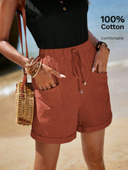EMERY ROSE Vacation Style Casual Rolled Hem, Front Knotted, Double Pocket  Shorts Rust Brown
